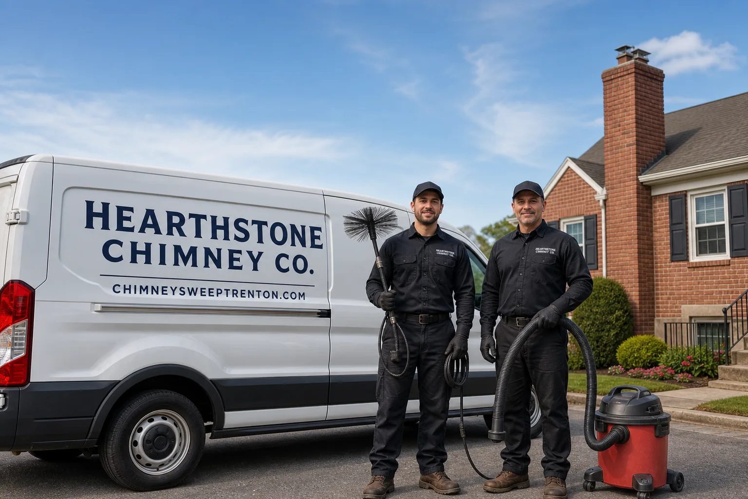 Hearthstone Chimney Co. chimney cleaning service vehicle and crew in Trenton, NJ